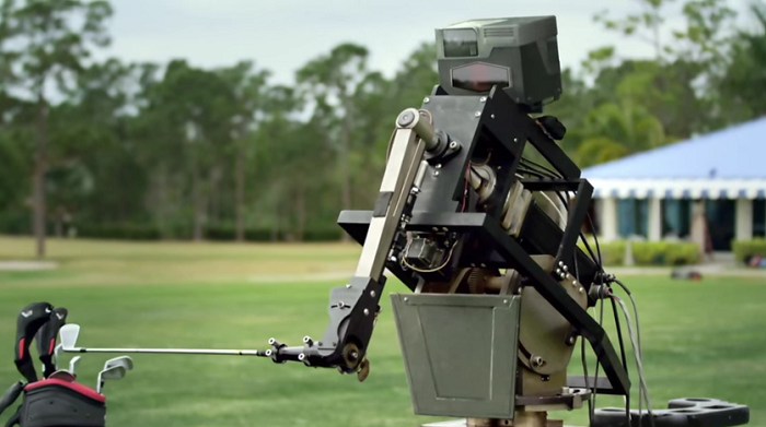 Golf Ball Hitting Robot on golf playground - side view